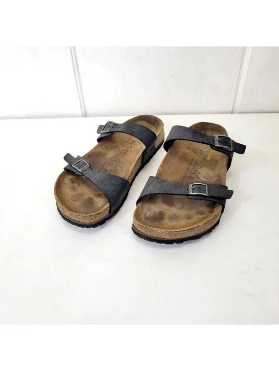 Birkis Birkenstock Women's Black Double-Strap Sandals With Contoured Cork Footbe - Picture 8 of 8